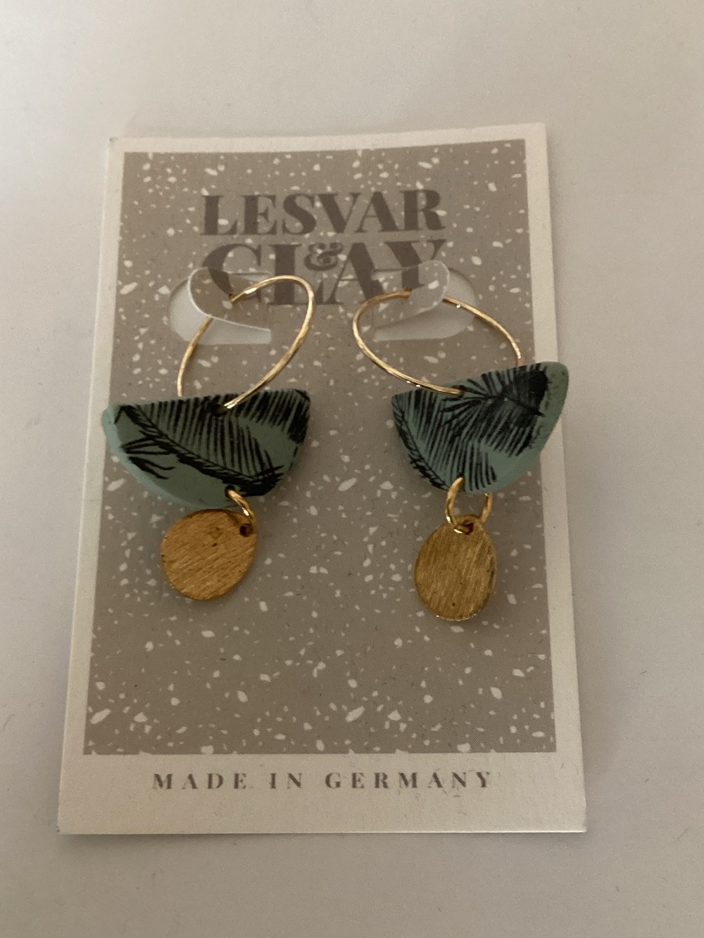 Mint Green Palm Leaf Hoop Drop Earrings with Gold Discs